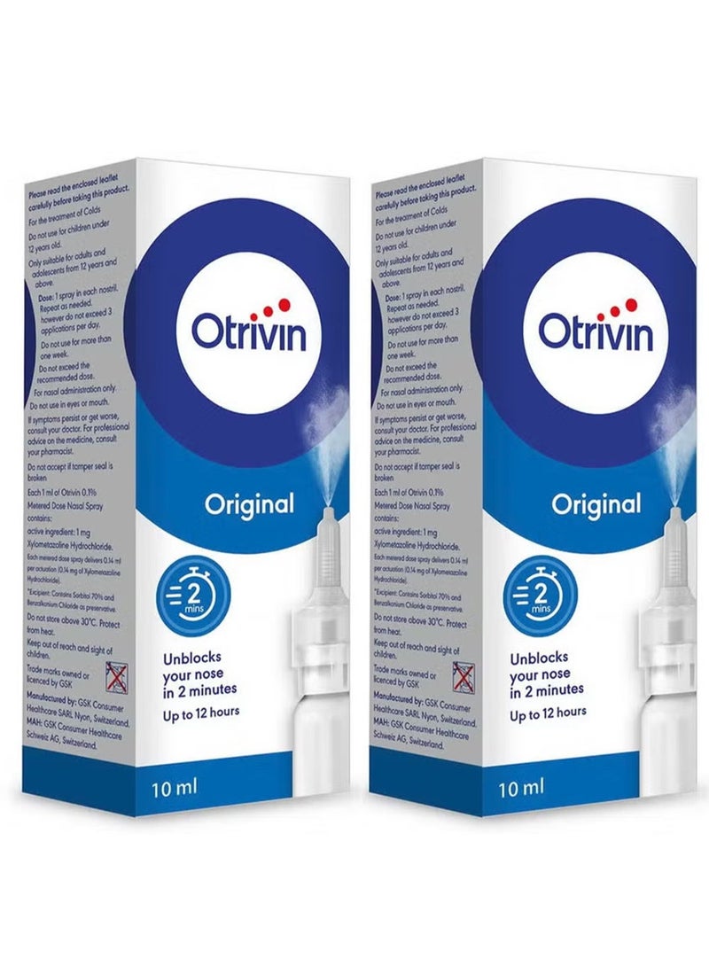 OTRIVIN Pack Of 2 Otrivin Original 0.1% Adult Nasal Spray For Blocked Nose 10ml - Image 1